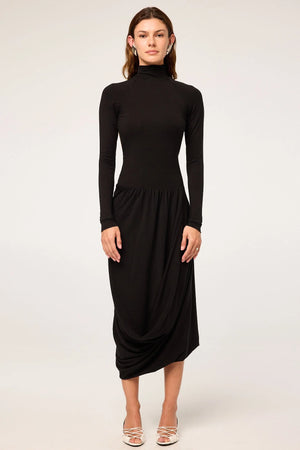 Jan Open Back Draped Long Sleeve Dress, Black