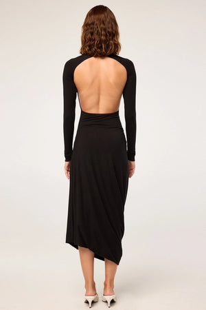 Jan Open Back Draped Long Sleeve Dress, Black
