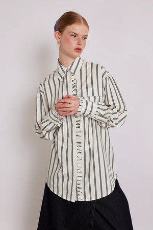 Kylie Ruffle Shirt, White Stripe