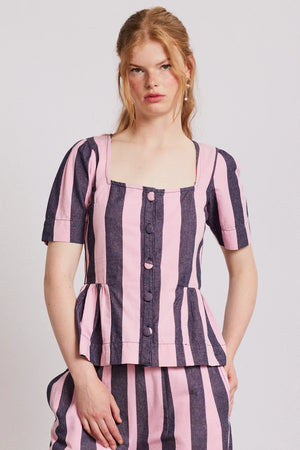 Philly Peplum Blouse, Pink Blue Stripe