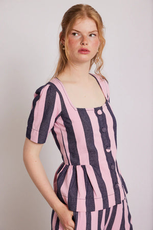 Philly Peplum Blouse, Pink Blue Stripe