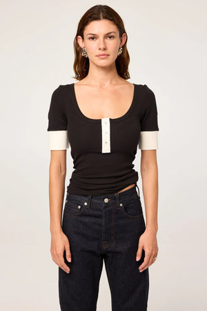 Lou Half Sleeve Henley Top, Black