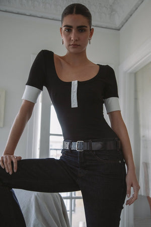 Lou Half Sleeve Henley Top, Black