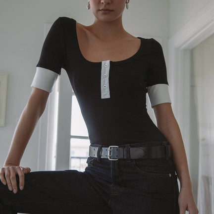 Lou Half Sleeve Henley Top, Black
