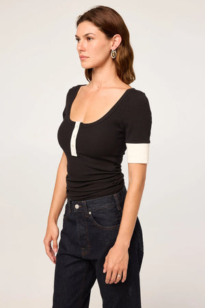 Lou Half Sleeve Henley Top, Black