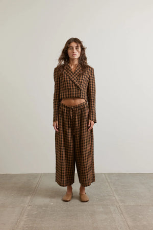 Cropped Plaid Linen Jacket, Brown