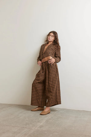 Cropped Plaid Linen Jacket, Brown