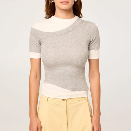 Reef Layered Ribbed Short Sleeve Top, Heather Grey/White