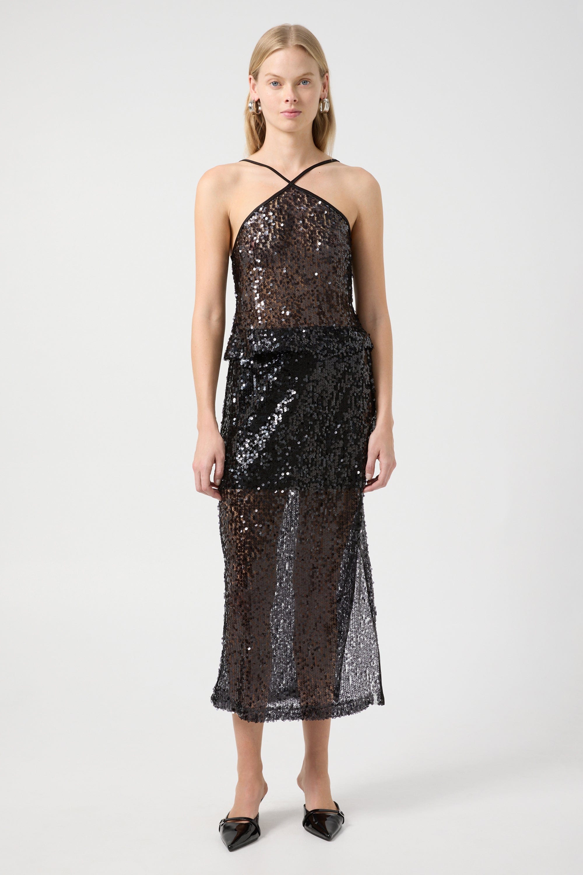 Reflection Sequin Midi Skirt, Black