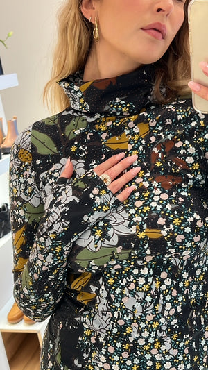 Distressed Vintage Floral Print Turtleneck Dress