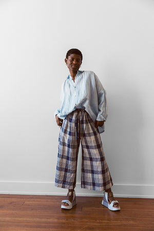 Linen Check Pants (Woven) Linen 100%, Navy Check
