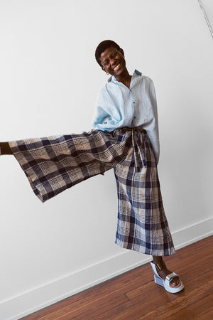 Linen Check Pants (Woven) Linen 100%, Navy Check