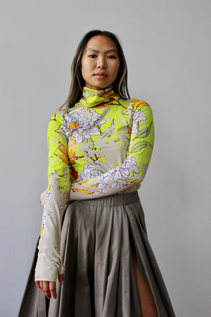 Distressed Vintage Floral Print Turtleneck, Neon Lime