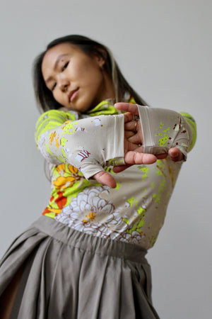 Distressed Vintage Floral Print Turtleneck, Neon Lime