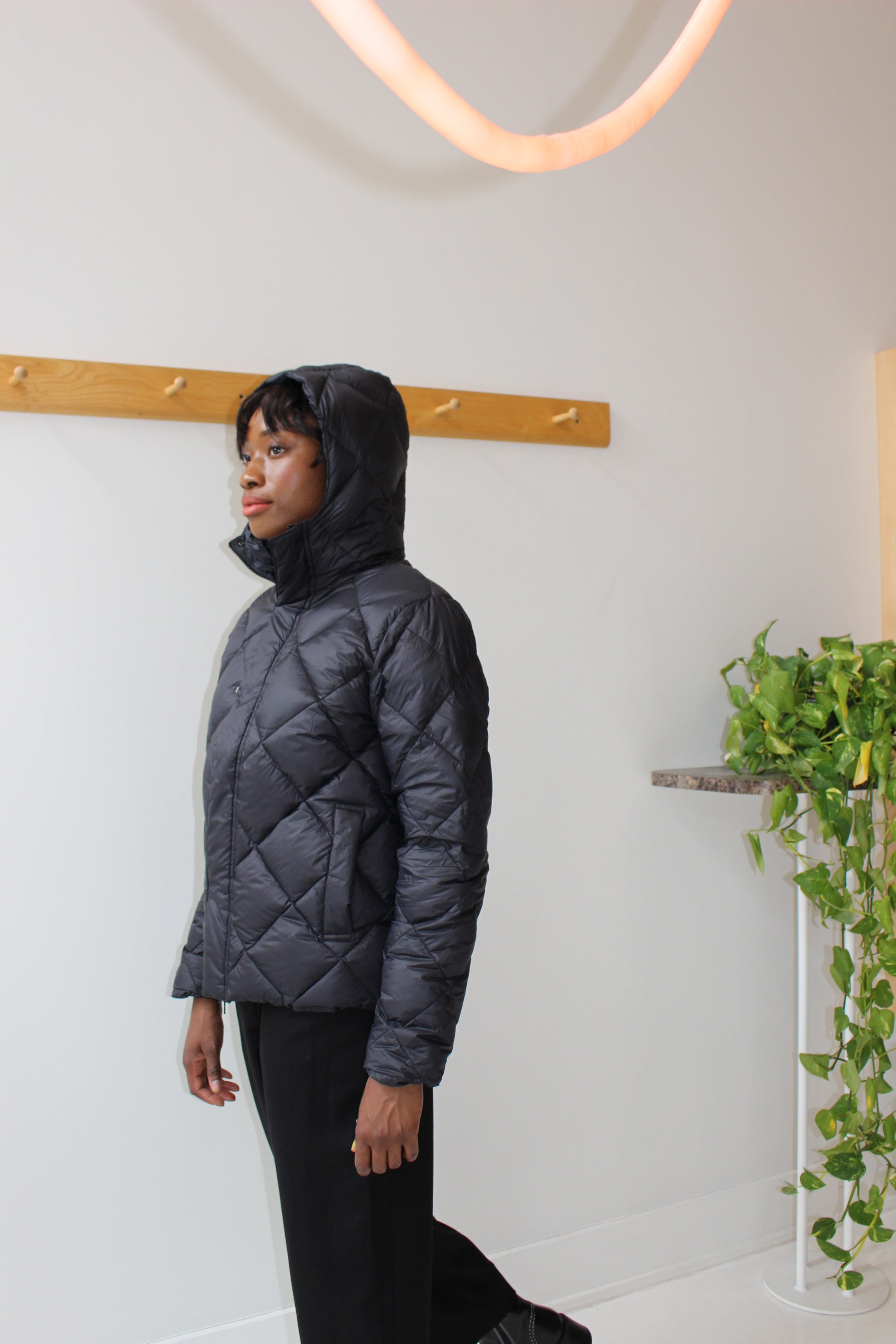 and wander Diamond Stitch Down Hooded Jacket Black