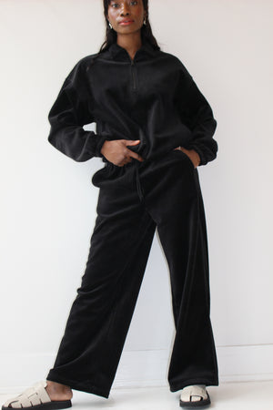 Velour Fleece Drawstring Pants, Black
