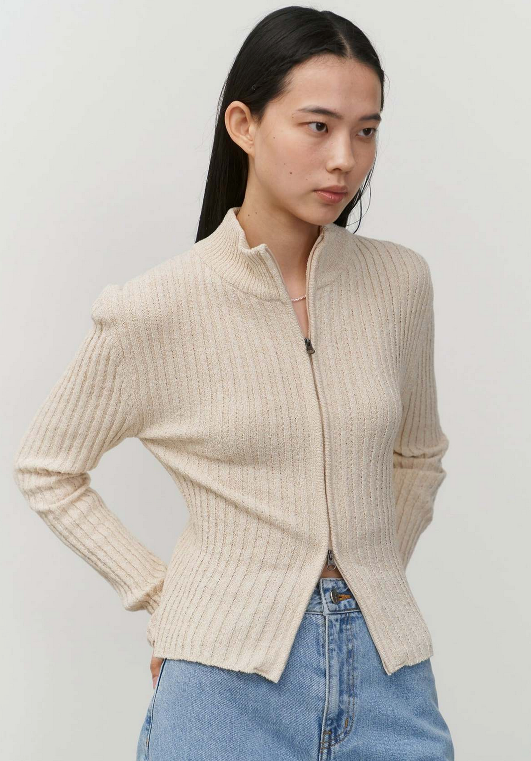 Half Neck Zip Up Cardigan, Beige