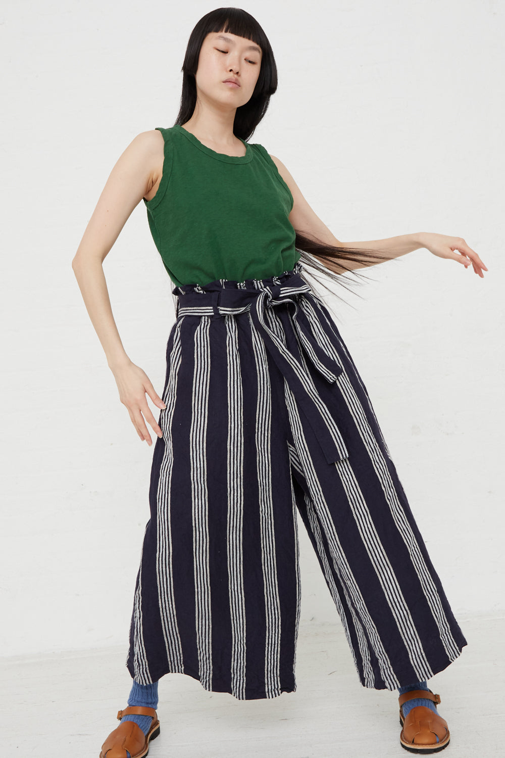 Linen Stripes Pants (Woven) Linen 100%, Navy Stripe